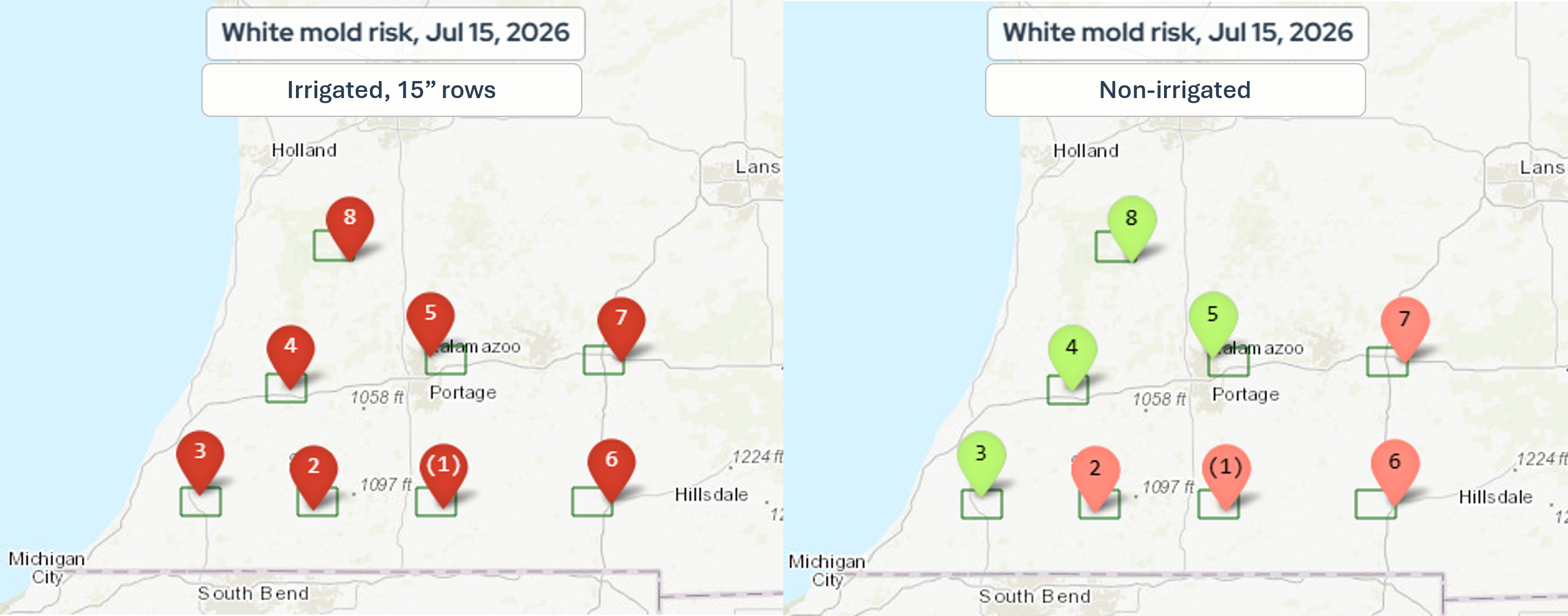 Estimated white mold risk in irrigated soybeans on 15-inch rows (left) and non-irrigated soybeans (right) for the past week based on the Crop Protection Network&rsquo;s Crop Risk Tool.